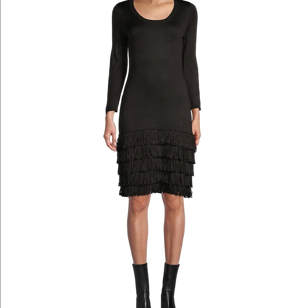 Calvin Klein black fringe skirt sweater dress